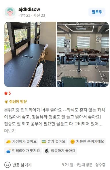 네이버 플레이스 리뷰 — 혼자 앉는 좌석이 많고 창밖뷰로 밝아 집중이 잘 된다는 후기